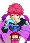  1girl boots breasts earrings fur harold_berselius jewelry lipstick makeup pink_hair short_hair shorts tales_of_(series) tales_of_destiny_2 thigh_boots violet_eyes 
