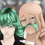  1boy 1girl angry bald green_hair one-punch_man saitama_(one-punch_man) standing tatsumaki 