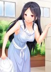  1girl bangs bare_arms black_hair blush breasts collarbone dress female highres holding housewife large_breasts legs long_dress long_hair looking_at_viewer mole original outdoors parted_lips plant red_eyes shy sleeveless solo standing thighs window 