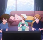  00s 1girl 3boys arm artist_request bare_arms bare_shoulders blonde_hair blue_eyes brown_eyes brown_hair closed_eyes clouds collared_shirt controller couch curtains cushion digimon digimon_adventure_02 game_controller grin hat holding ishida_yamato looking_at_another looking_back looking_to_the_side lying multiple_boys neck on_side parted_lips playing shirt short_hair short_sleeves sitting sky sleeping smile sofa t-shirt takaishi_takeru tank_top television video_game window yagami_hikari yagami_taichi 