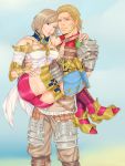  1boy 1girl ashelia_b&#039;nargin_dalmasca basch_fon_ronsenburg beard blonde_hair carrying facial_hair final_fantasy final_fantasy_xii linart princess_carry 