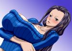  1girl black_eyes black_hair blush breasts cleavage collarbone crossed_arms highres huge_breasts long_hair long_sleeves looking_down nel-zel_formula nico_robin one_piece parted_lips simple_background solo sweater upper_body 