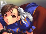  1girl all_fours ass blush breasts brown_hair china_dress chinese_clothes chun-li double_bun dress earrings highres jewelry large_breasts legs looking_at_viewer pantyhose puffy_sleeves red_eyes short_hair short_sleeves simple_background solo spiked_bracelet spikes street_fighter thighs yoko_juusuke 