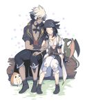  1boy 1girl arm_hug au_ra bandanna black_hair cat_ears closed_eyes couple final_fantasy final_fantasy_xiv horns log miqo&#039;te naguri sitting smile spiky_hair 