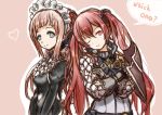  2girls armor belt blue_eyes breasts dress english felicia_(fire_emblem_if) fire_emblem fire_emblem_if frills gloves heart long_hair luna_(fire_emblem_if) maid_headdress multiple_girls one_eye_closed pink_background pink_hair red_eyes redhead smile twintails wink 