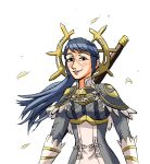  1girl armor black_eyes blue_hair blush fire_emblem fire_emblem_if lance polearm ponytail scar simple_background smile solo weapon wylia yuugiri_(fire_emblem_if) 