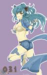  animal_ears blue_hair cleavage horn moemon nidoqueen personification pointing pokemon purple_background red_eyes ritence shorts tagme 