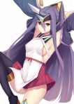  1girl arc_system_works armpits blazblue blazblue:_central_fiction breasts daiaru detached_sleeves erect_nipples hades_izanami long_hair looking_at_viewer mikado_(blazblue) purple_hair red_eyes red_skirt skirt solo thigh-highs very_long_hair 
