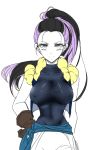  1girl artist_request breasts dragon_ball dragonball_z erect_nipples genderswap gloves gotenks impossible_clothes large_breasts long_hair looking_at_viewer multicolored_hair ponytail vest 
