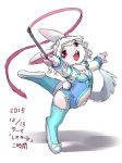  1girl artist_request dancing female full_body furry leotard open_mouth rabbit red_eyes solo white_background white_hair 