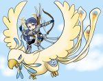  1girl armor bird blue_hair bow fire_emblem fire_emblem_if lance outdoors polearm ponytail rubicho scar sky solo violet_eyes weapon yuugiri_(fire_emblem_if) 