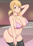  1girl bangs bare_arms bare_shoulders bed bikini blonde_hair blush breasts curvy fairy_tail highres huge_breasts legs long_hair looking_at_viewer lucy_heartfilia navel pillow plump samurai_(movemusic) shiny shiny_skin smile solo standing swimsuit tattoo thick_thighs thigh-highs thighs twintails yellow_eyes 