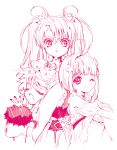  3girls breasts closed_eyes dress flower fur harold_berselius long_hair monochrome multiple_girls nanaly_fletch one_eye_closed open_mouth pink reala short_hair short_shorts shorts smile tales_of_(series) tales_of_destiny_2 twintails wink 