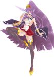  1girl alpina arc_system_works bare_shoulders blazblue blazblue:_central_fiction breasts detached_sleeves hades_izanami long_hair mikado_(blazblue) panties pantyshot purple_hair red_eyes shiny shiny_skin sideboob skirt smile solo thigh-highs underwear very_long_hair white_panties 