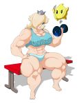  1girl bangs barefoot blonde_hair blue_eyes breasts chetrippo chiko_(mario) cleavage coach creature crown dumbbell earrings extreme_muscles floating hair_over_one_eye mini_crown muscle rosetta_(mario) simple_background sitting stopwatch super_mario_bros. super_mario_galaxy transparent_background whistle workout 
