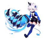  1boy blue_eyes bow child crown elsword full_body genderswap horns looking_at_viewer luciela_r._sourcream open_mouth pointy_ears ribbon shorts shota simple_background smile solo symbol-shaped_pupils tail thigh-highs weapon white_background white_hair zettai_ryouiki 
