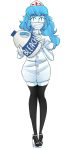  1girl bleach blue_hair breasts cure-chan dress female full_body hat high_heels long_hair nurse nurse_cap original personification simple_background solo surgical_mask thigh-highs 