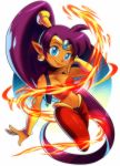  1girl blue_eyes dark_skin fire long_hair magic pointy_ears ponytail shantae shantae_(character) smile solo vest wayforward 