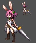  1girl boots furry omunikin original pink_hair pixel rabbit red_eyes short_hair solo sword 