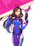  1girl ahoge artist_name bangs bodysuit bracer breasts brown_eyes brown_hair bunny_print character_name charm_(object) clothes_writing cowboy_shot d.va_(overwatch) facepaint facial_mark finger_on_trigger glint gloves gun hair_flip hand_in_hair headphones high_collar holding holding_gun holding_weapon long_hair looking_at_viewer medium_breasts one_eye_closed open_mouth overwatch pilot_suit ribbed_bodysuit shoulder_pads signature simple_background skin_tight smile solo swept_bangs thigh_gap very_long_hair weapon whisker_markings white_background white_gloves xxinainaxx zoom_layer 