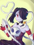  1girl bare_shoulders blue_skin breasts cleavage detached_collar detached_sleeves hair_over_one_eye leviathan_(skullgirls) red_eyes side_ponytail skullgirls squigly_(skullgirls) stitched_mouth striped_sleeves zombie zombie_girl 