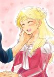  1boy 1girl blonde_hair blush breasts claire_bennett closed_eyes dress flower long_hair open_mouth pink_background ribbon tales_of_(series) tales_of_rebirth veigue_lungberg 