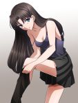  1girl absurdres aqua_eyes bare_legs bare_shoulders black_skirt breasts brown_hair cleavage collarbone dressing fate/stay_night fate_(series) female gradient gradient_background hair_down highres leaning leaning_forward leg_lift legs looking_at_viewer off_shoulder pleated_skirt shimo_(s_kaminaka) single_thighhigh skirt smile solo strap_slip tank_top thigh-highs thighhighs_pull tohsaka_rin very_long_hair 