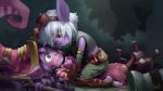  2girls blush brown_eyes eye_contact goggles goggles_on_head green_eyes hat league_of_legends looking_at_another lulu_(league_of_legends) multiple_girls pinned pointy_ears purple_hair purple_skin silver_hair skence straddling tristana wavy_mouth witch_hat yuri 