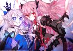  2girls blue_eyes bow chains child crown elsword horns krul_tepes looking_at_viewer luciela_r._sourcream multiple_girls owari_no_seraph pink_hair pointy_ears red_eyes sakon04 skirt smile tail twintails weapon white_background white_hair 