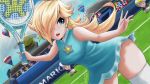  awesomeerix blonde_hair blue_eyes breasts jewelry mario_tennis mario_tennis:_ultra_smash nail_polish nintendo open_mouth racket rosetta_(mario) skirt super_mario_bros. tennis_racket tennis_uniform 