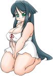  1girl bare_shoulders barefoot blush breasts cleavage curvy erect_nipples female green_eyes green_hair large_breasts long_hair looking_at_viewer no_pupils sitting solo thick_thighs 