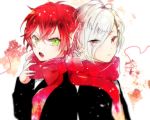  2boys amo_(yellowpink_a) bow bowtie child diabolik_lovers fangs green_eyes hair_over_one_eye looking_at_viewer male_focus multiple_boys open_mouth red_eyes redhead sakamaki_ayato sakamaki_subaru scarf tsurime upper_body white_hair younger 