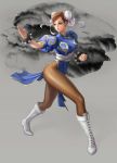  1girl bangs boots breasts brown_eyes brown_hair bun_cover chinese_clothes chun-li double_bun female fighting_stance haoran_zhao large_breasts martial_arts pantyhose side_slit simple_background solo street_fighter 