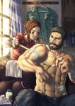  1boy 1girl abs bandage beard couch ellie_(the_last_of_us) facial_hair joel_(the_last_of_us) kuroshio_(zung-man) muscle naughty_dog scar shirtless smile sunlight the_last_of_us window 