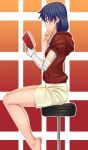  1girl bakemonogatari bandage barefoot black_hair book brown_eyes chin_rest easy_(aqk7bdqt) from_side highres hood hoodie kanbaru_suruga legs long_hair monogatari_(series) profile reading shorts sitting solo stool 