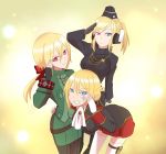  3girls armlet belt blonde_hair blue_eyes boots crossover facial_tattoo female fingerless_gloves formal freedom_wars garrison_cap gloves god_eater god_eater_2:_rage_burst god_eater_resurrection hair_ribbon hat headphones heterochromia jewelry long_hair military military_uniform miniskirt multiple_girls namine59 necklace pants pants_under_skirt pencil_skirt ponytail red_ribbon ribbon salute short_hair simple_background skirt tattoo thigh-highs tight_pants uniform violet_eyes zettai_ryouiki 