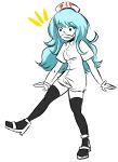  1girl blue_hair cure-chan hat long_hair nurse nurse_cap original personification simple_background solo surgical_mask thigh-highs 