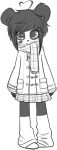  1girl full_body heart kenny_(ken_ashcorp) looking_at_viewer miniskirt monochrome panda plaid plaid_skirt pleated_skirt scarf simple_background skirt standing white_background 