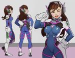  1girl ass bodysuit breasts character_sheet d.va_(overwatch) facial_mark hand_on_hip hands_on_hips looking_at_viewer looking_back overwatch splashbrush wink 