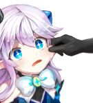  1boy 1girl blue_eyes blush bow cheek_pull child ciel_(elsword) crown elsword fang gloves horns jeruka_(otot9181) long_hair luciela_r._sourcream open_mouth pointy_ears simple_background solo_focus sweatdrop symbol-shaped_pupils white_background white_hair 