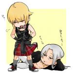  2boys blonde_hair blush brad_wong chibi dead_or_alive dead_or_alive_5 eliot_(doa) fingerless_gloves gloves grey_hair hachuurui hands_on_hips headphones laying long_hair multiple_boys plaid plaid_skirt ponytail skirt skirt_pull socks 