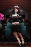  1girl absurdres bangs black_hair chair cool4noodle flower full_body high_heels highres indoors long_hair looking_at_viewer looking_down nun original own_hands_together parted_lips red_eyes shadow sitting solo vase 