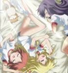  3girls bed buruma cat cordelia_glauca hercule_barton highres kamaboko_(milky_holmes) morning multiple_girls screencap sleeping tantei_opera_milky_holmes underwear yuzurizaki_nero 