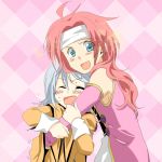  1boy 1girl bare_shoulders blue_eyes blush capelet closed_eyes coat elbow_gloves gloves headband long_hair open_mouth pants redhead refill_sage short_hair silver_hair tales_of_(series) tales_of_symphonia zelos_wilder 