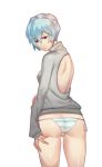  1girl :o ass ayanami_rei back_cutout backless bad_id bare_back blue_hair flat_ass gkfkqkch1 looking_at_viewer looking_back neon_genesis_evangelion no_pants panties red_eyes short_hair side-tie_panties solo striped striped_panties sweater underwear white_background 