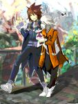  1boy 1girl belt brown_hair cape capelet closed_eyes coat gloves kratos_aurion pants refill_sage shoes short_hair silver_hair tales_of_(series) tales_of_symphonia 