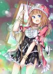  1girl alt atelier_(series) atelier_rorona atelier_totori blue_eyes blush boots bracelet breasts cape cleavage female hat highres jewelry long_hair looking_at_viewer open_mouth orange_hair rororina_fryxell sitting skirt smile solo staff 
