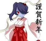  1girl blue_skin breasts hair_over_one_eye japanese_clothes kimono leviathan_(skullgirls) misaki_naoe red_eyes side_ponytail simple_background skullgirls squigly_(skullgirls) stitched_mouth translation_request zombie 