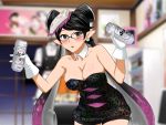  1girl :o alcohol aori_(splatoon) bare_shoulders bedroom beer black_hair black_strapless blue_eyes blush breasts can cleavage clownculture collarbone cosplay detached_collar double_bun earrings female glasses gloves highres holding jewelry large_breasts legs long_hair looking_at_viewer mole mole_under_eye original pointy_ears solo splatoon standing strapless strapless_unitard tentacle_hair thighs unitard 