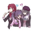  3girls black_hair blue_eyes bow bowtie cherry_dot diabolik_lovers eating eyepatch fangs genderswap green_eyes hat looking_at_another looking_at_viewer mukami_azusa multiple_girls purple_hair rabbit redhead sakamaki_ayato sakamaki_kanato school_uniform simple_background stuffed_animal stuffed_toy sweatdrop takoyaki twintails uniform white_background 